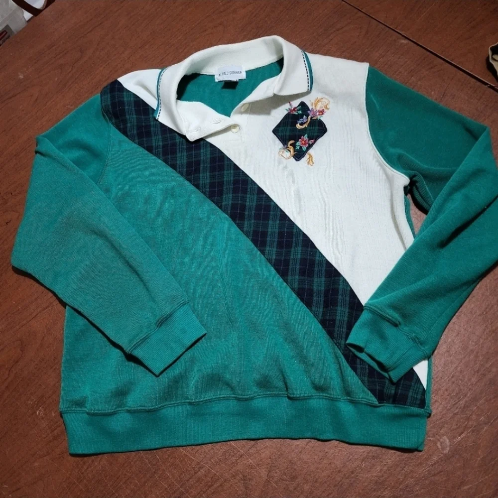 Vintage Alfred Dunner Teal and Cream White Floral Polo Collar Crewneck Sweater - Picture 2 of 7